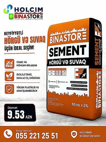 BINASTORE SEMENT – Hörgü və suvaq üçün - Tətbiq sahəsi: hörgü işləri at lalafo.az BINASTORE SEMENT – Hörgü və suvaq üçün - Tətbiq sahəsi: hörgü işləri