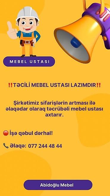 Mebel ustası tələb olunur, 3-5 illik təcrübə, 6/1, Aylıq ödəniş lalafo.az -da Mebel ustası tələb olunur, 3-5 illik təcrübə, 6/1, Aylıq ödəniş