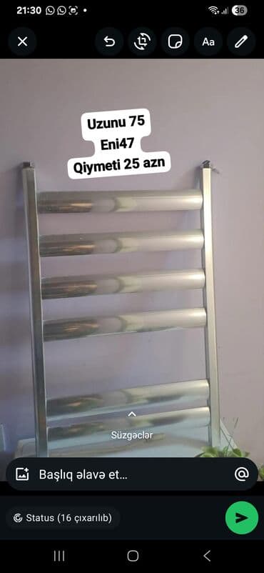 Paslanmayan materialdan şaquli radiator (hamam üçün dəsmal-asqılı lalafo.az -da Paslanmayan materialdan şaquli radiator (hamam üçün dəsmal-asqılı