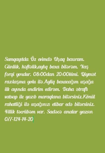 Sumqayıtda ev şəraitində uşaq baxımı xidməti. - Günlük, həftəlik və lalafo.az -da Sumqayıtda ev şəraitində uşaq baxımı xidməti. - Günlük, həftəlik və