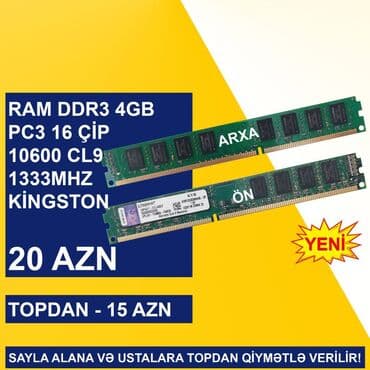 Operativ yaddaş (RAM) Kingston, 4 GB, 1333 Mhz, DDR3, PC üçün, Yeni lalafo.az -da Operativ yaddaş (RAM) Kingston, 4 GB, 1333 Mhz, DDR3, PC üçün, Yeni