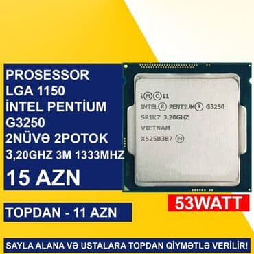prosessor: Prosessor Intel Pentium Prosessorlar “LGA 1150 (4cü nəsil) İntel Pentium”, 2 nüvə, İşlənmiş lalafo.az -da — 3 prosessor: Prosessor Intel Pentium Prosessorlar “LGA 1150 (4cü nəsil) İntel Pentium”, 2 nüvə, İşlənmiş — 3