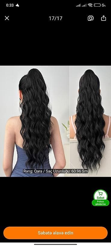 Qara rəngli, uzun və dalğalı at quyruğu saç əlavəsi. Şəkildə lalafo.az -da Qara rəngli, uzun və dalğalı at quyruğu saç əlavəsi. Şəkildə
