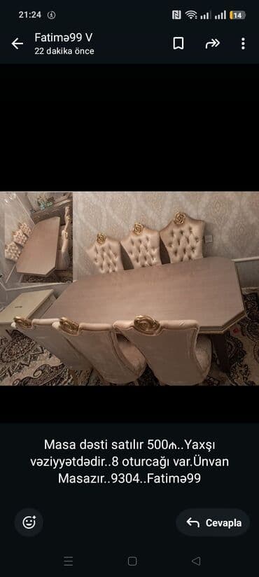 Masa dəsti satılır 500₼. Yaxşı vəziyyətdədir. 8 oturcağı var.Ünvan lalafo.az -da Masa dəsti satılır 500₼. Yaxşı vəziyyətdədir. 8 oturcağı var.Ünvan