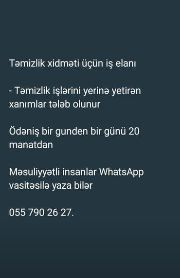 Xadimə tələb olunur, 1/1, Gündəlik ödəniş lalafo.az -da Xadimə tələb olunur, 1/1, Gündəlik ödəniş