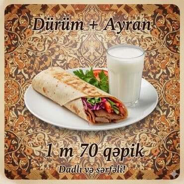 Menyu təklifi: - Dürüm + Ayran – 1 manat 70 qəpik Təzə lavaşda ət lalafo.az -da Menyu təklifi: - Dürüm + Ayran – 1 manat 70 qəpik Təzə lavaşda ət