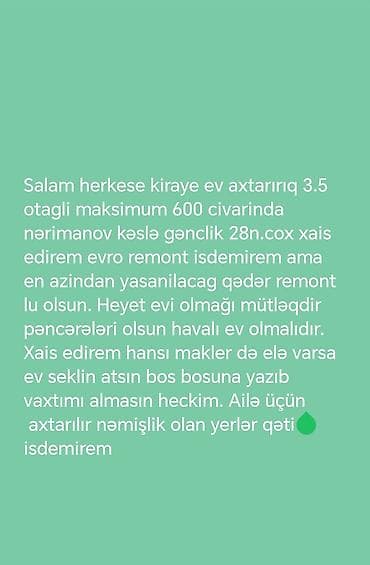 Ailə üçün kirayə ev axtarılır: - 3–3.5 otaqlı - Büdcə: maksimum 600 - lalafo.az -da — 2 Ailə üçün kirayə ev axtarılır: - 3–3.5 otaqlı - Büdcə: maksimum 600 - — 2