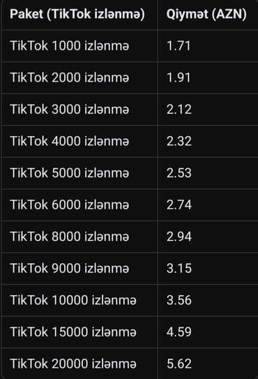 Xidmət: Sosial şəbəkə üçün izləyici, baxış və bəyənmə paketləri lalafo.az -da Xidmət: Sosial şəbəkə üçün izləyici, baxış və bəyənmə paketləri