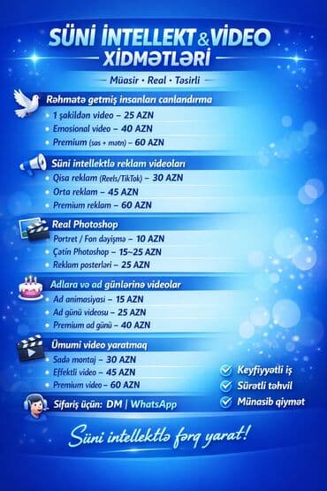 Süni intellekt xidmətləri video sifariş və şəkil photoshopları lalafo.az -da Süni intellekt xidmətləri video sifariş və şəkil photoshopları