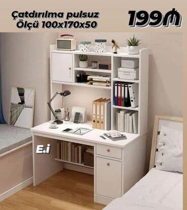 Кресла на заказ: Ağ rəngli funksional iş masası və üst rəf bloku. Ölçü: 100x170x50 sm at lalafo.az — 1 Кресла на заказ: Ağ rəngli funksional iş masası və üst rəf bloku. Ölçü: 100x170x50 sm — 1