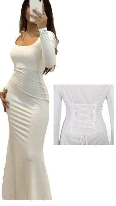 Ağ rəngli, uzun model qadın donu - Dizayn: Bədənə oturan siluet lalafo.az -da Ağ rəngli, uzun model qadın donu - Dizayn: Bədənə oturan siluet