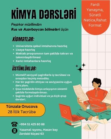 Repetitor, Kimya, Rus dili, Azərbaycan dili, İmtahanlara hazırlıq, Abituriyent hazırlığı lalafo.az -da Repetitor, Kimya, Rus dili, Azərbaycan dili, İmtahanlara hazırlıq, Abituriyent hazırlığı