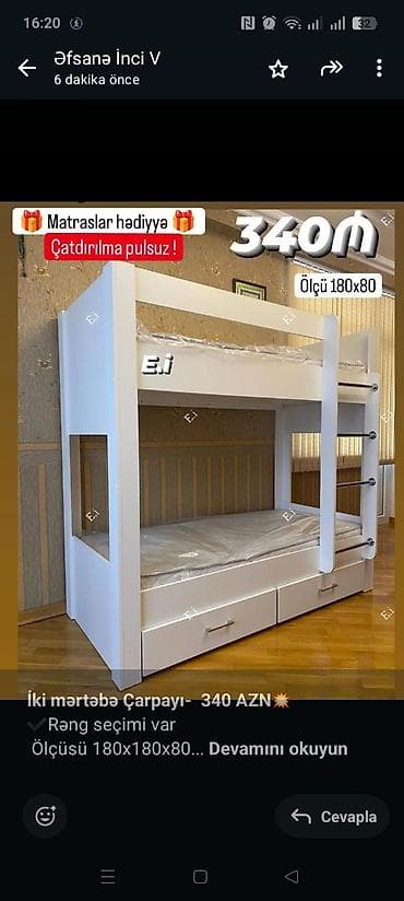 *İki mərtəbə Çarpayı- 340 AZN💥* ✔️Rəng seçimi var Ölçüsü lalafo.az -da *İki mərtəbə Çarpayı- 340 AZN💥* ✔️Rəng seçimi var Ölçüsü