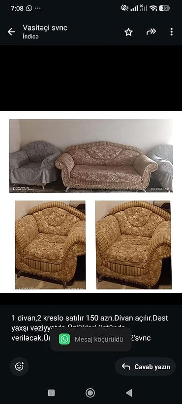 1 divan,2 kreslo satılır 150 azn.Divan açılır.Dəst yaxşı lalafo.az -da 1 divan,2 kreslo satılır 150 azn.Divan açılır.Dəst yaxşı