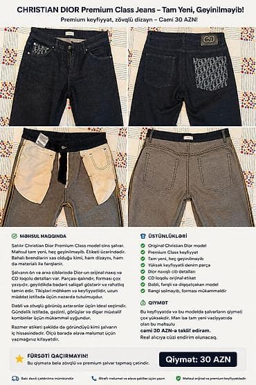 Satılır Christian Dior Premium Class model kişi cins şalvar. Məhsul lalafo.az -da Satılır Christian Dior Premium Class model kişi cins şalvar. Məhsul