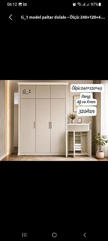 G_1 model paltar dolabı - Ölçü: 240×120×45 sm - Rəng: ağ və krem - lalafo.az -da G_1 model paltar dolabı - Ölçü: 240×120×45 sm - Rəng: ağ və krem -