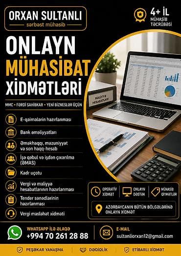 Mühasibat uçotu | Vergi uçotu üzrə məsləhət xidmətləri, Hesabatlarının hazırlanması və təqdim edilməsi, Kadr uçotunun aparılması lalafo.az -da Mühasibat uçotu | Vergi uçotu üzrə məsləhət xidmətləri, Hesabatlarının hazırlanması və təqdim edilməsi, Kadr uçotunun aparılması