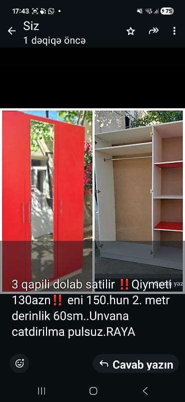 3 qapılı, Güzgülü, Qırmızı, Taxta, Açılan, Düz dolab lalafo.az -da 3 qapılı, Güzgülü, Qırmızı, Taxta, Açılan, Düz dolab