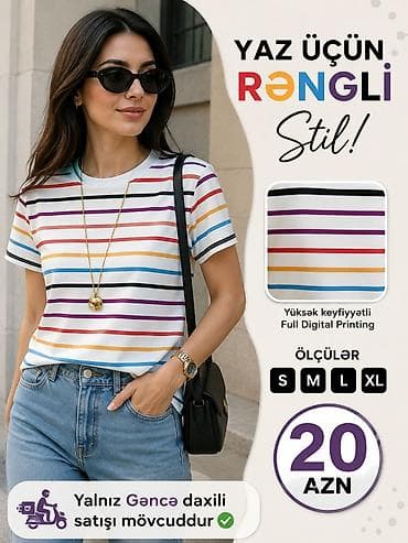 Rəngli zolaqlı qadın T‑şortu - Yaz üçün rəngli stil - Yüksək lalafo.az -da Rəngli zolaqlı qadın T‑şortu - Yaz üçün rəngli stil - Yüksək