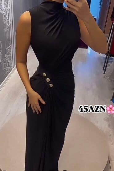 Qara rəngli zərif uzun don. - Model: bel hissəsində yığımlı dizayn və lalafo.az -da Qara rəngli zərif uzun don. - Model: bel hissəsində yığımlı dizayn və