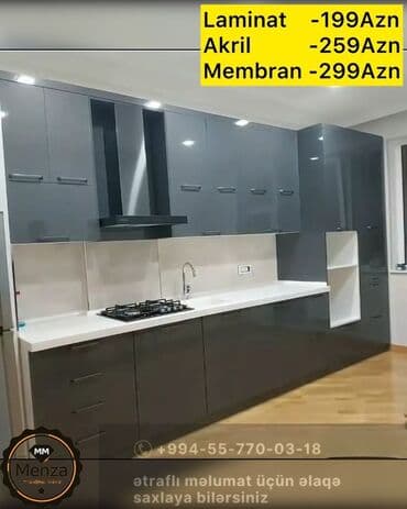 Mətbəx mebeli – müasir dizaynlı, parlaq boz rəngli fasadlar və ağ lalafo.az -da Mətbəx mebeli – müasir dizaynlı, parlaq boz rəngli fasadlar və ağ