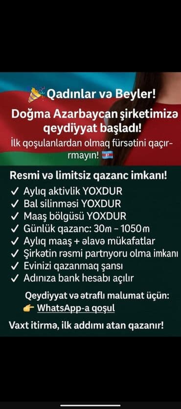 Qadınlar və Beylər üçün: Doğma Azərbaycan şirkətinə qeydiyyat başladı! lalafo.az -da Qadınlar və Beylər üçün: Doğma Azərbaycan şirkətinə qeydiyyat başladı!