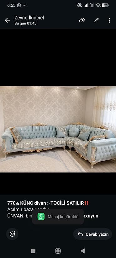 *770₼ KÜNC divan :-TƏCİLİ SATILIR*‼️ Açılmır baza yoxdur ÜNVAN:-binə lalafo.az -da *770₼ KÜNC divan :-TƏCİLİ SATILIR*‼️ Açılmır baza yoxdur ÜNVAN:-binə