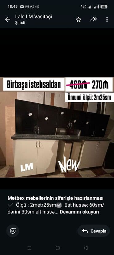 *Mətbəx mebellərinin sifarişlə hazırlanması✔️* Ölçü : 2metr25sm☑️ lalafo.az -da *Mətbəx mebellərinin sifarişlə hazırlanması✔️* Ölçü : 2metr25sm☑️