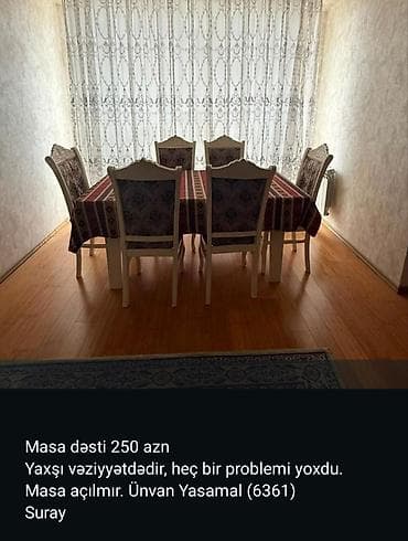 Masa dəsti – 250 AZN - Dəst: 1 ədəd düzbucaqlı yemək masası + 6 ədəd at lalafo.az Masa dəsti – 250 AZN - Dəst: 1 ədəd düzbucaqlı yemək masası + 6 ədəd