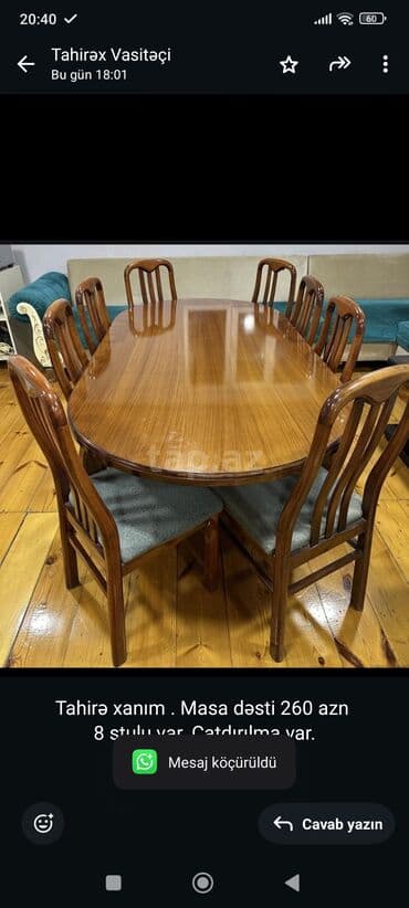 Tahirə xanım . Masa dəsti 260 azn 8 stulu var. Çatdırılma var. Ünvan lalafo.az -da Tahirə xanım . Masa dəsti 260 azn 8 stulu var. Çatdırılma var. Ünvan