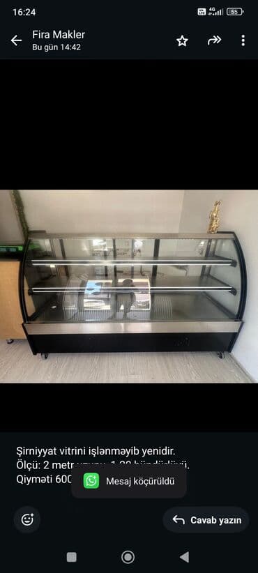 Şirniyyat vitrini işlənməyib yenidir. Ölçü: 2 metr uzunu, 1.20 lalafo.az -da Şirniyyat vitrini işlənməyib yenidir. Ölçü: 2 metr uzunu, 1.20