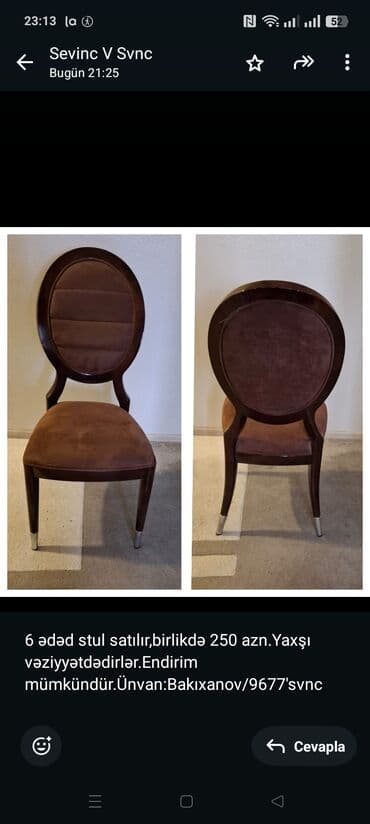 6 ədəd stul satılır,birlikdə 250 azn.Yaxşı vəziyyətdədirlər.Endirim lalafo.az -da 6 ədəd stul satılır,birlikdə 250 azn.Yaxşı vəziyyətdədirlər.Endirim