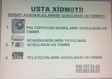 Usta xidməti – məişət avadanlıqlarının qoşulması və təmiri Təklif lalafo.az -da Usta xidməti – məişət avadanlıqlarının qoşulması və təmiri Təklif