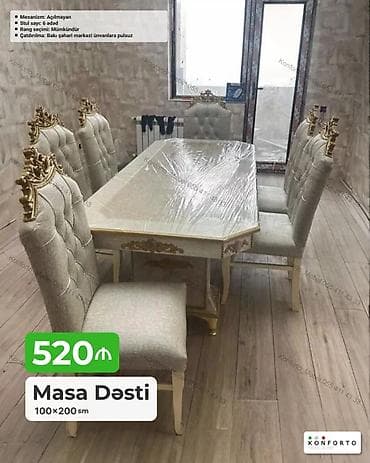 Masa dəsti – 100×200 sm - Masa mexanizmi: Açılmayan - Stul sayı: 6 at lalafo.az Masa dəsti – 100×200 sm - Masa mexanizmi: Açılmayan - Stul sayı: 6