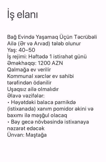 Bağ Evində Yaşamaq Üçün Təcrübəli Ailə (Er və Arvad) tələb olunur Yaş lalafo.az -da Bağ Evində Yaşamaq Üçün Təcrübəli Ailə (Er və Arvad) tələb olunur Yaş