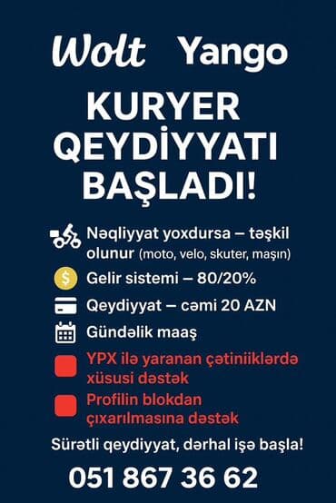 Sürücü-kuryer tələb olunur, Nəqliyyat təmin edilir, Gündəlik ödəniş lalafo.az -da Sürücü-kuryer tələb olunur, Nəqliyyat təmin edilir, Gündəlik ödəniş