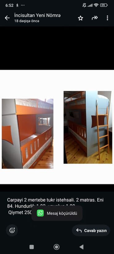 Carpayi 2 mertebe tukr istehsali. 2 matras. Eni 84. Hundurlik 1.92 lalafo.az -da Carpayi 2 mertebe tukr istehsali. 2 matras. Eni 84. Hundurlik 1.92
