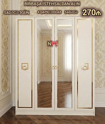 4 qapılı qarderob dolabı - Rəng: krem, qızılı dekorativ haşiyələr - lalafo.az -da 4 qapılı qarderob dolabı - Rəng: krem, qızılı dekorativ haşiyələr -
