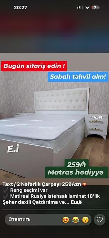 İki nəfərlik taxt/çarpayı dəsti - Ölçü: iki nəfərlik - Dizayn: ağ lalafo.az -da İki nəfərlik taxt/çarpayı dəsti - Ölçü: iki nəfərlik - Dizayn: ağ