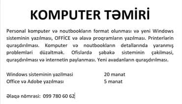 Komputer və noutbooklarin formati, windows office və başqa lalafo.az -da Komputer və noutbooklarin formati, windows office və başqa