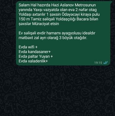 Həzi Aslanov metrosunun yaxınlığında yerləşən evə 2 nəfər otaq yoldaşı lalafo.az -da Həzi Aslanov metrosunun yaxınlığında yerləşən evə 2 nəfər otaq yoldaşı