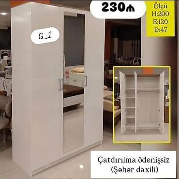 Ağ rəngli 3 qapılı geyim şkafı - Ön hissədə güzgülü orta qapı - lalafo.az -da Ağ rəngli 3 qapılı geyim şkafı - Ön hissədə güzgülü orta qapı -