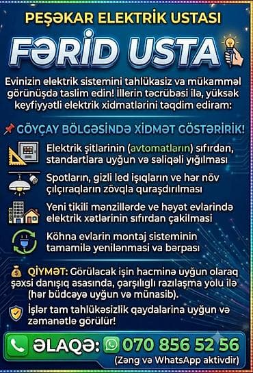 Peşəkar Elektrik Ustası – Fərid Usta Evinizin elektrik sistemini lalafo.az -da Peşəkar Elektrik Ustası – Fərid Usta Evinizin elektrik sistemini