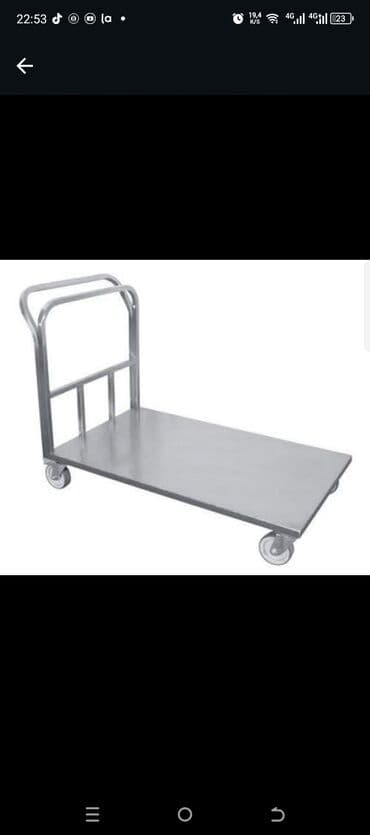 Mağaza arabaları: Paslanmayan metaldan hazırlanmış, dörd təkərli, yuxarıda tutacaqı olan lalafo.az -da — 1 Mağaza arabaları: Paslanmayan metaldan hazırlanmış, dörd təkərli, yuxarıda tutacaqı olan — 1