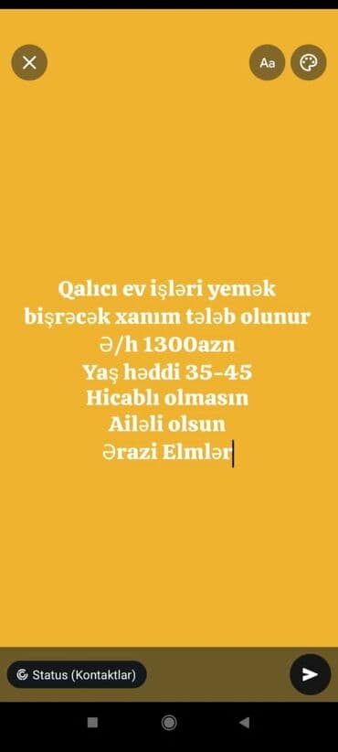 Vakansiya: Qalıcı ev işləri və yemək bişirilməsi üçün xanım axtarılır lalafo.az -da Vakansiya: Qalıcı ev işləri və yemək bişirilməsi üçün xanım axtarılır