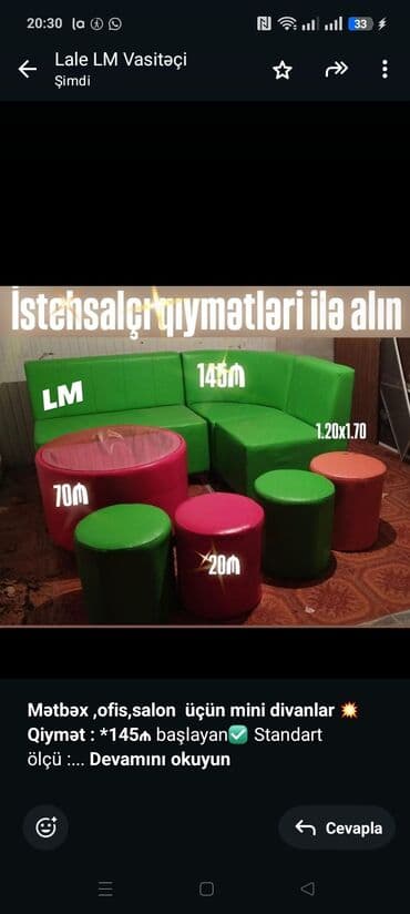 *Mətbəxofis,salon üçün mini divanlar* 💥 *Qiymət : *145₼* başlayan✅ lalafo.az -da *Mətbəxofis,salon üçün mini divanlar* 💥 *Qiymət : *145₼* başlayan✅