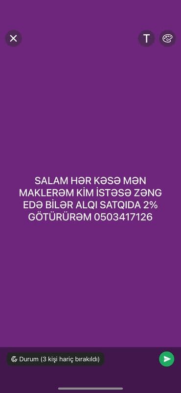 Salam mən maklerəm kim istəsə yazsın 0503417127 lalafo.az -da Salam mən maklerəm kim istəsə yazsın 0503417127