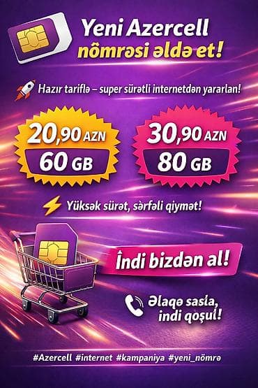 Yeni Azercell nömrəsi – hazır tariflə super sürətli internet! - 60 GB lalafo.az -da Yeni Azercell nömrəsi – hazır tariflə super sürətli internet! - 60 GB