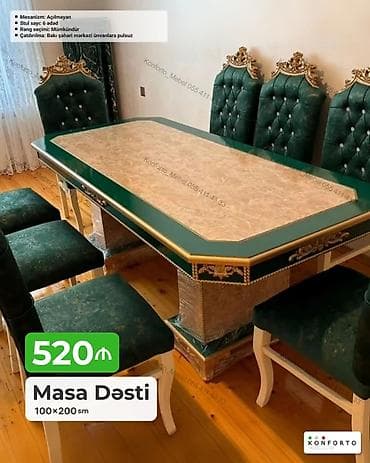 Məhsul: Masa Dəsti - Ölçü: 100×200 sm - Komplekt: 6 ədəd stul - at lalafo.az Məhsul: Masa Dəsti - Ölçü: 100×200 sm - Komplekt: 6 ədəd stul -