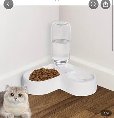 Künc üçün iki bölməli pişik yem və su qabı + avtomatik su verən şüşə lalafo.az -da Künc üçün iki bölməli pişik yem və su qabı + avtomatik su verən şüşə